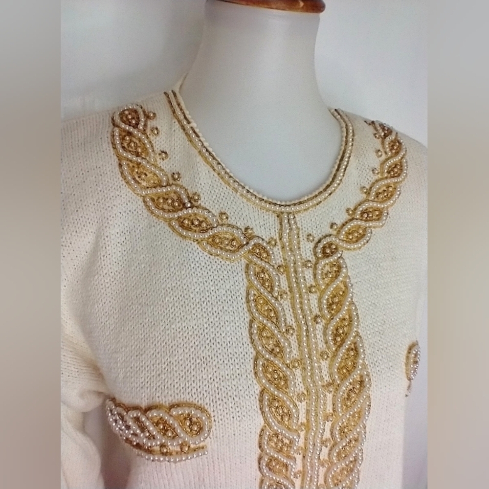 Elegant Cream and Gold Embellished Sweater